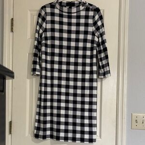 Talbots Black and White Checkered 3/4 Sleeve Zip-Up Midi Dress